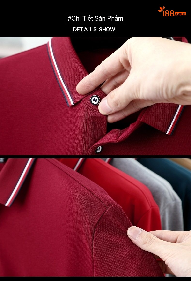 Áo Polo Nam Dài Tay Lụa Tằm In Hoạ Tiết Chống Nhăn Màu Đỏ, Xanh, Xám, Đỏ Rượu Vang... chi tiết 4
