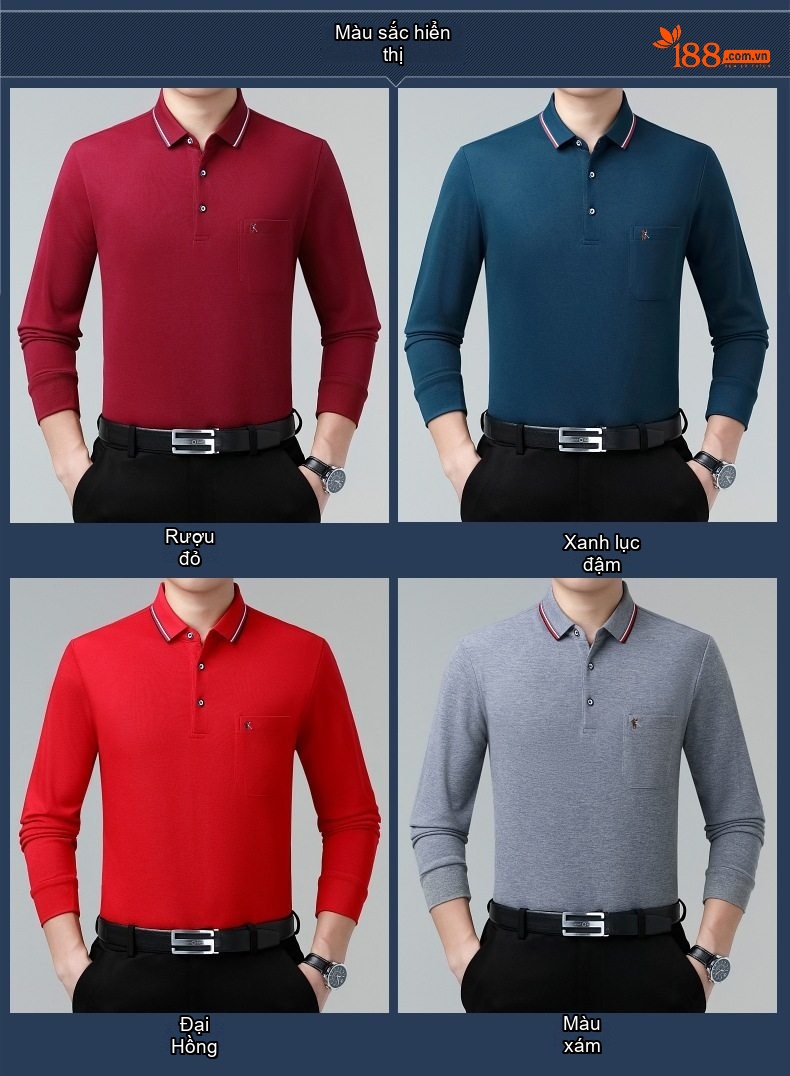 Áo Polo Nam Dài Tay Lụa Tằm In Hoạ Tiết Chống Nhăn Màu Đỏ, Xanh, Xám, Đỏ Rượu Vang... chi tiết 7