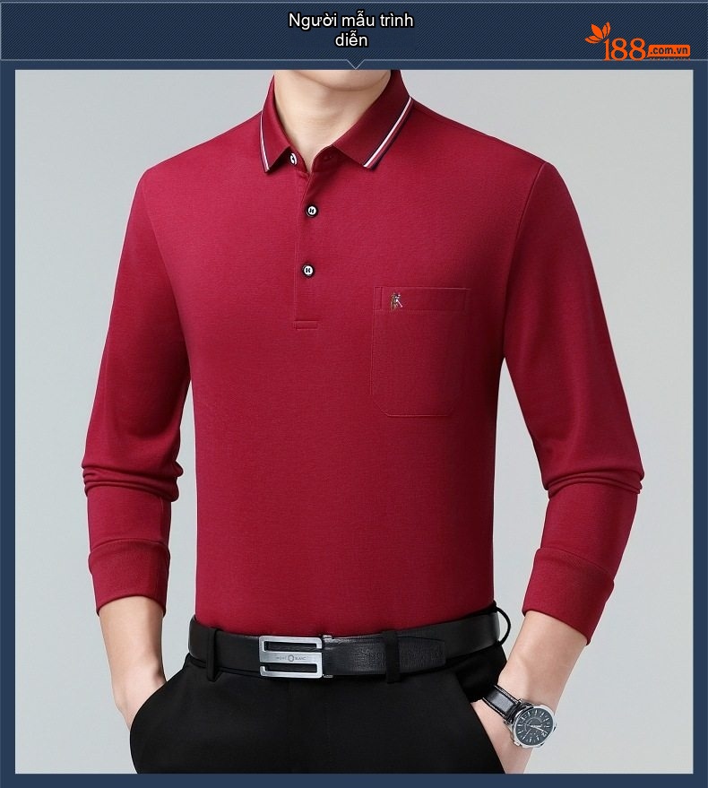 Áo Polo Nam Dài Tay Lụa Tằm In Hoạ Tiết Chống Nhăn Màu Đỏ, Xanh, Xám, Đỏ Rượu Vang... chi tiết 8