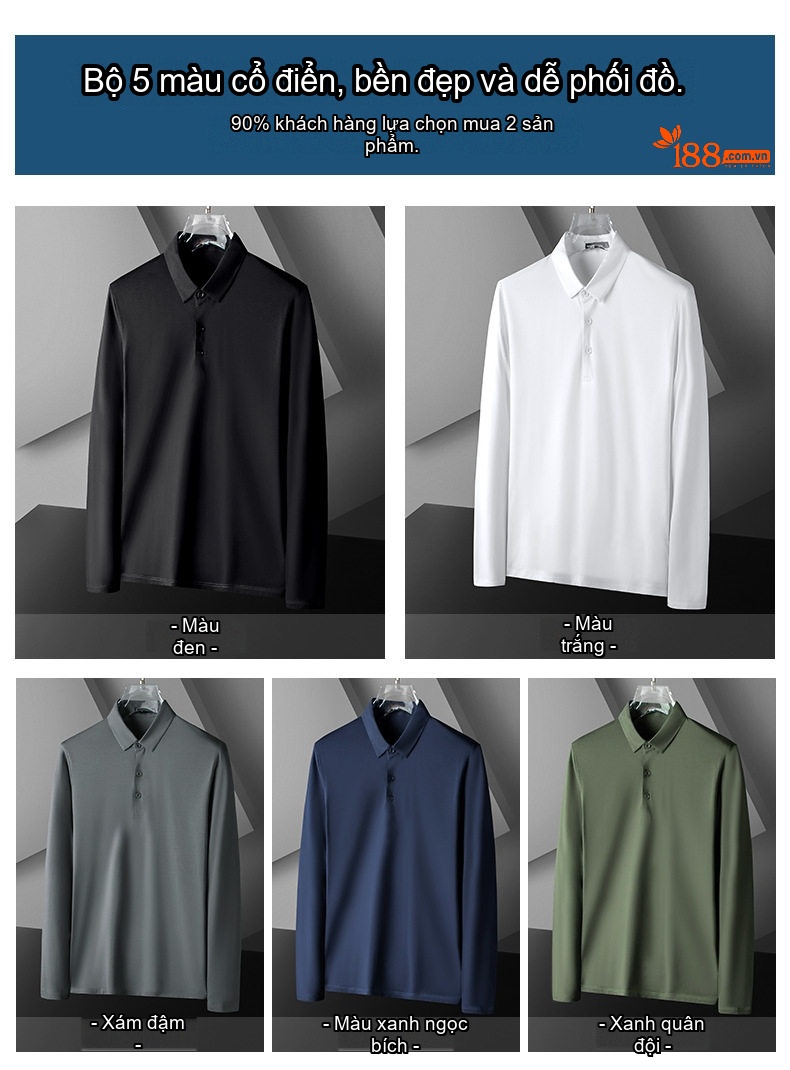 Áo Polo Nam Dài Tay Modal Cotton Kiểu Dáng Slimfit Màu Trắng, Xanh Navy, Xám, Đen... chi tiết 7