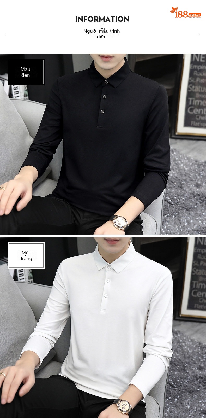 Áo Polo Nam Dài Tay Modal Cotton Kiểu Dáng Slimfit Màu Trắng, Xanh Navy, Xám, Đen... chi tiết 8