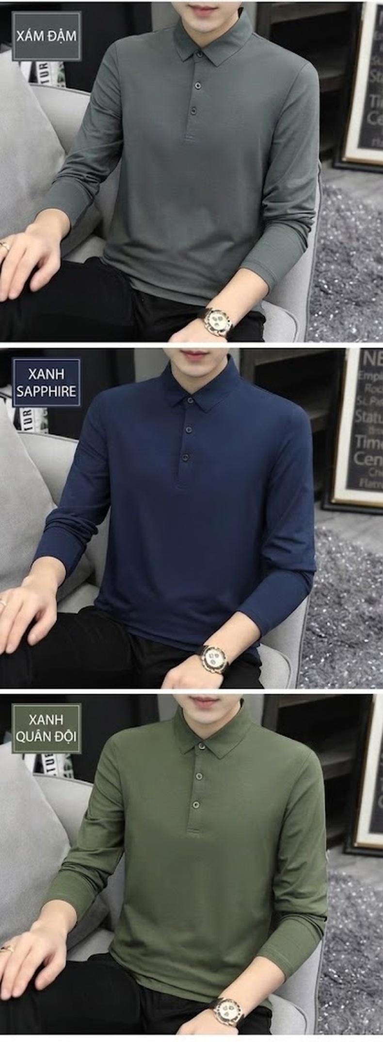 Áo Polo Nam Dài Tay Modal Cotton Kiểu Dáng Slimfit Màu Trắng, Xanh Navy, Xám, Đen... chi tiết 9
