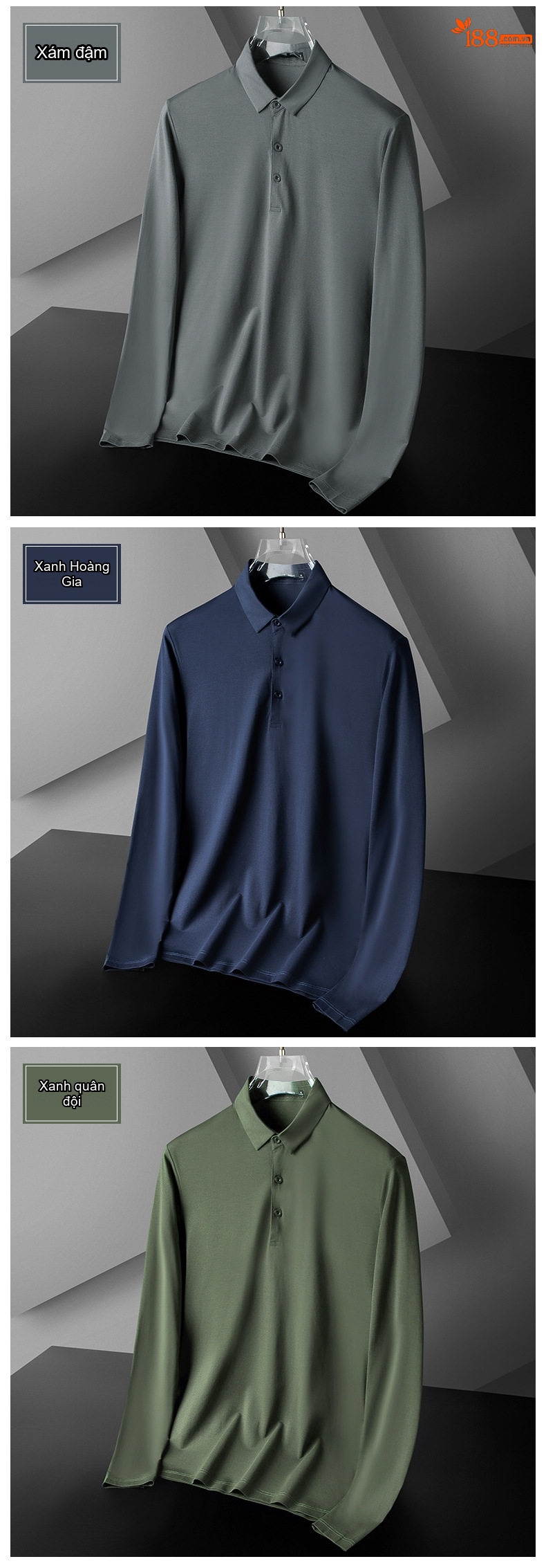 Áo Polo Nam Dài Tay Modal Cotton Kiểu Dáng Slimfit Màu Trắng, Xanh Navy, Xám, Đen... chi tiết 11