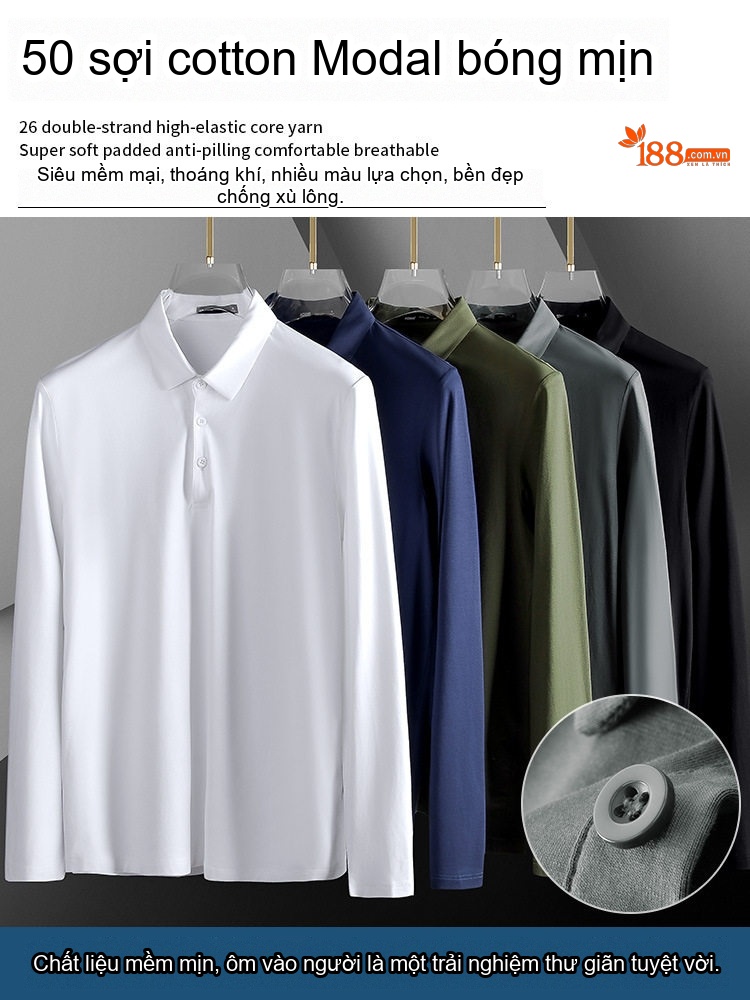 Áo Polo Nam Dài Tay Modal Cotton Kiểu Dáng Slimfit Màu Trắng, Xanh Navy, Xám, Đen...