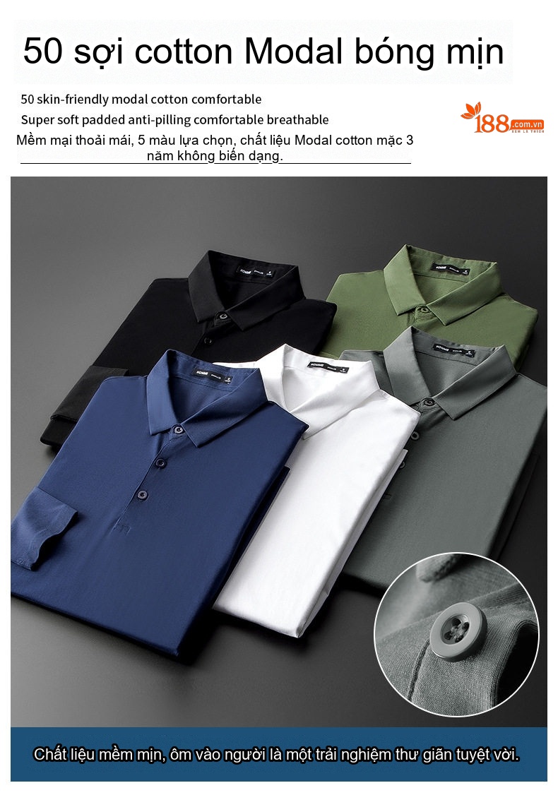 Áo Polo Nam Dài Tay Modal Cotton Kiểu Dáng Slimfit Màu Trắng, Xanh Navy, Xám, Đen... chi tiết 1