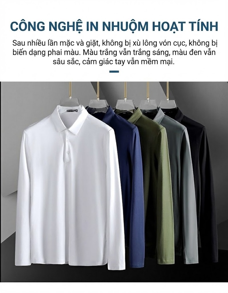 Áo Polo Nam Dài Tay Modal Cotton Kiểu Dáng Slimfit Màu Trắng, Xanh Navy, Xám, Đen... chi tiết 5