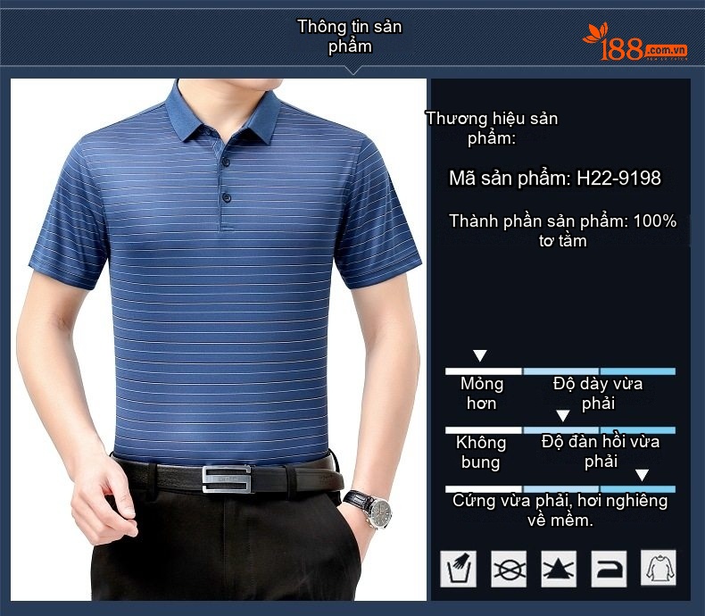 Áo Polo Nam Dáng Ôm Sợi Tơ Tằm Chống Nhăn Màu Xanh Dương chi tiết 3