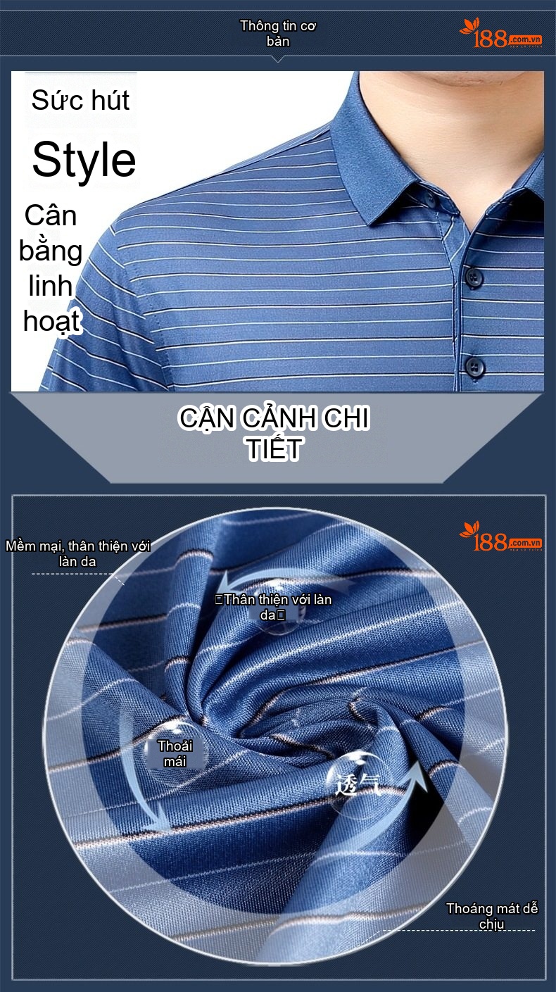 Áo Polo Nam Dáng Ôm Sợi Tơ Tằm Chống Nhăn Màu Xanh Dương chi tiết 2