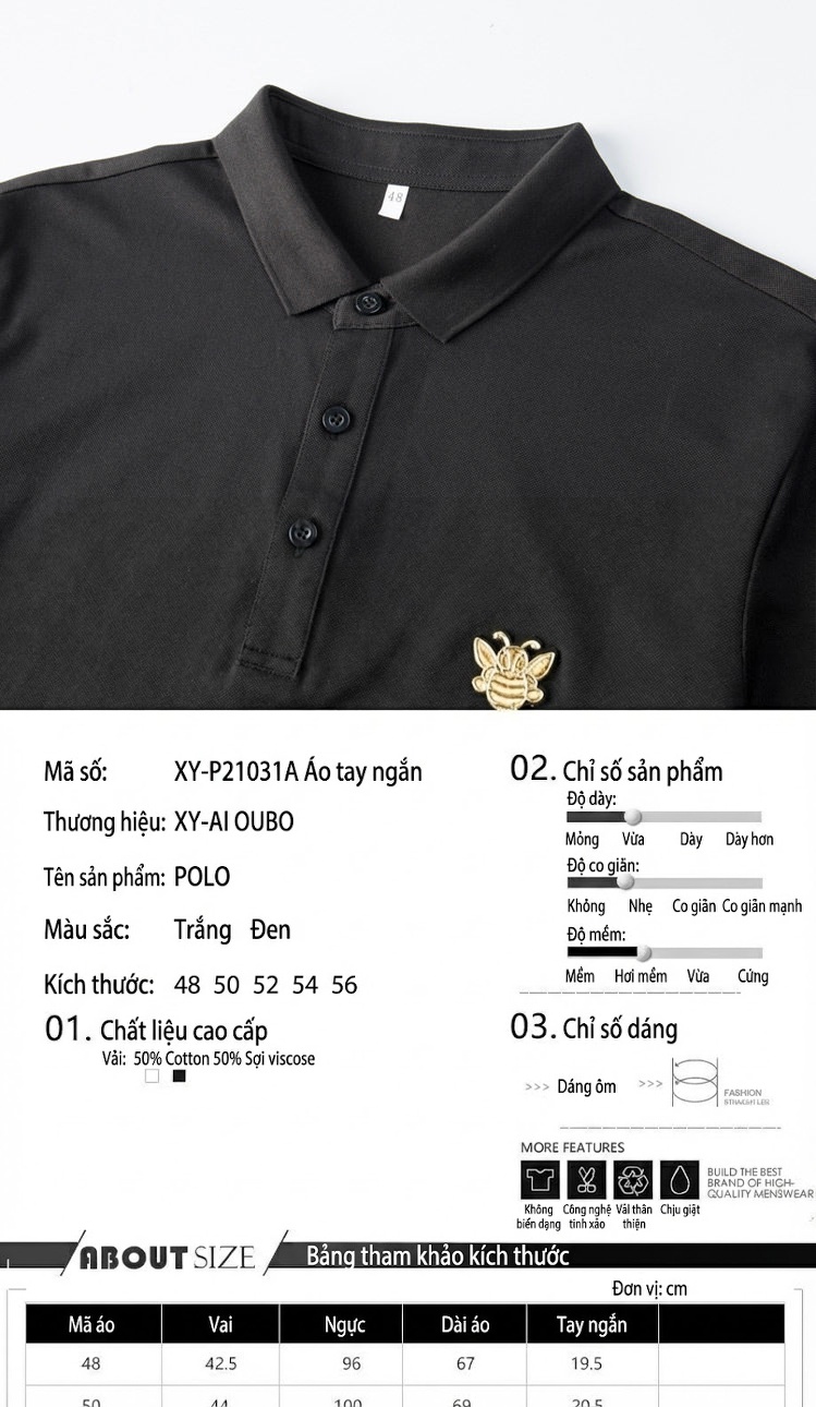 Áo Polo Nam Dệt Kim Tay Ngắn Thêu Hình Ong Màu Đen, Trắng chi tiết 2