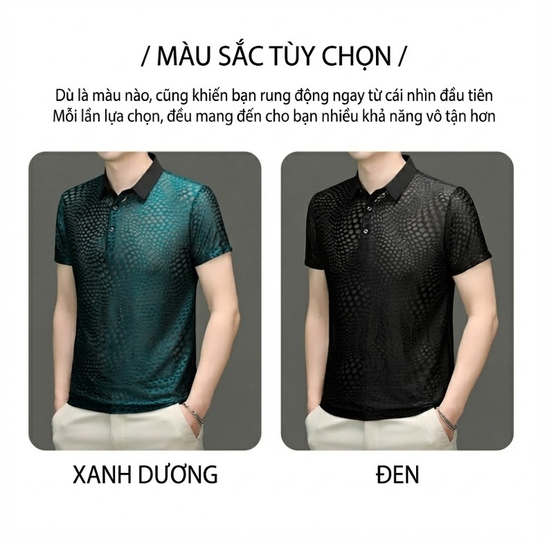 Áo Polo Nam Lỗ Thông Hơi Dệt Kim Tay Ngắn Màu Đen, Xanh chi tiết 7
