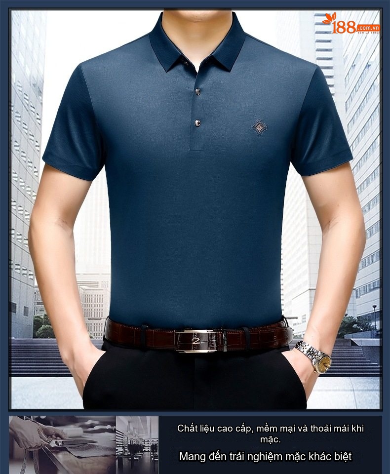 Áo Polo Nam Lụa Tằm Cao Cấp Tay Ngắn Phong Cách Doanh Nhân Màu Xanh Navy, Xám chi tiết 1