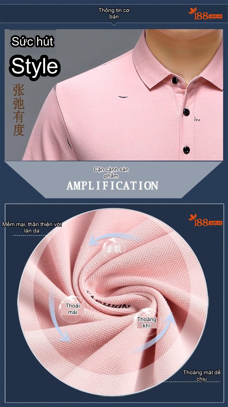 Áo Polo Nam Lụa Tằm In Họa Tiết Thời Trang Trung Niên Màu Trắng, Đen, Hồng chi tiết 2