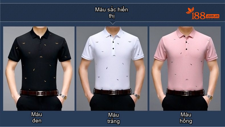 Áo Polo Nam Lụa Tằm In Họa Tiết Thời Trang Trung Niên Màu Trắng, Đen, Hồng chi tiết 4