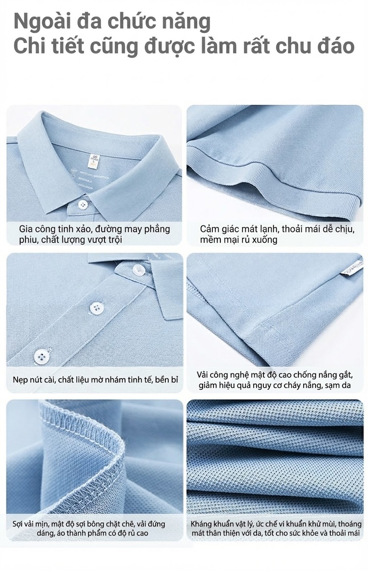 Áo Polo Nam Lụa Tằm Tơ Chống Nhăn Mát Lạnh Màu Trắng, Đen, Xanh Da Trời chi tiết 6