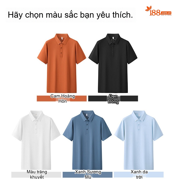 Áo Polo Nam Lụa Tằm Tơ Mềm Mát Thoáng Khí Màu Cam, Đen, Xanh, Trắng... chi tiết 10