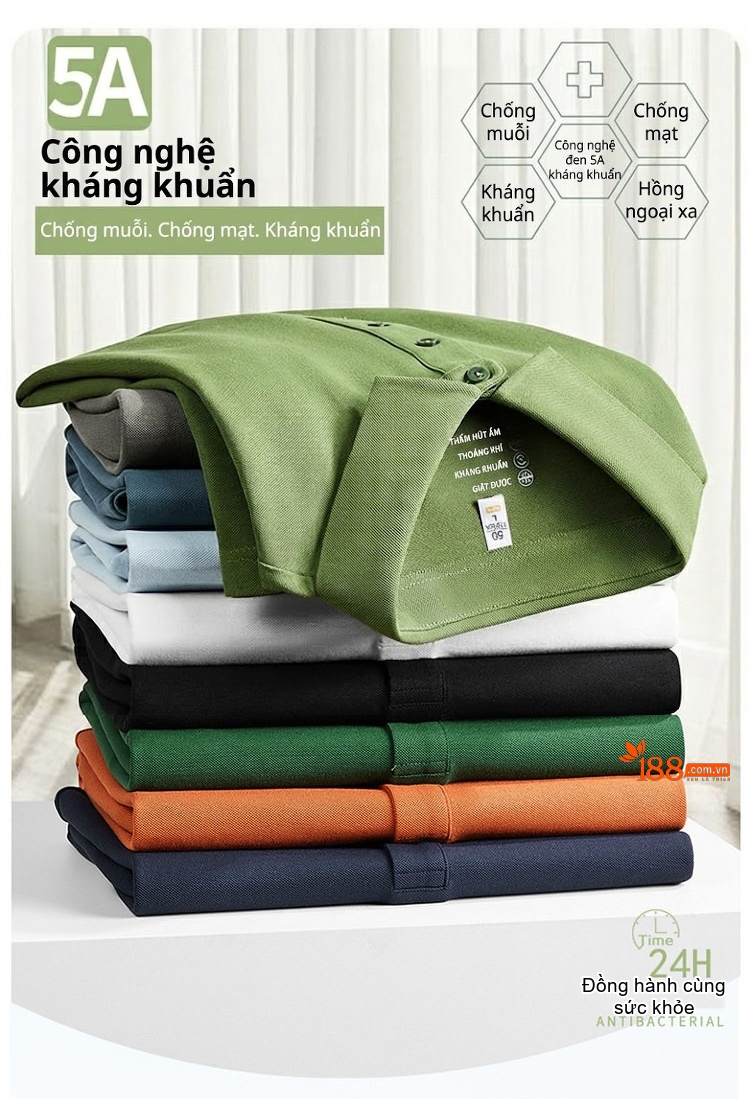 Áo Polo Nam Lụa Tằm Tơ Mềm Mát Thoáng Khí Màu Cam, Đen, Xanh, Trắng... chi tiết 5