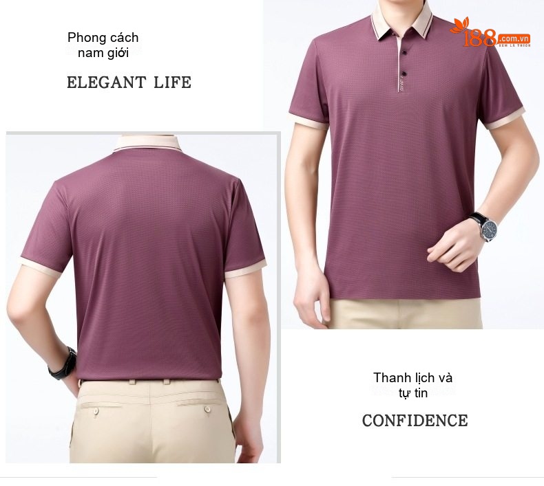 Áo Polo Nam Lụa Tằm Tơ Mùa Hè Thoáng Mát Màu Đỏ Tía, Xanh Dương, Trắng, Xám chi tiết 16