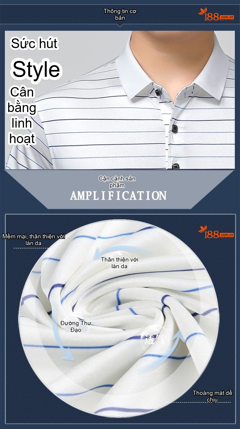 Áo Polo Nam Lụa Tằm Ý Họa Tiết Kẻ Sọc Ngắn Tay Cổ Bẻ Chống Nhăn Màu Trắng Sọc Xanh chi tiết 2
