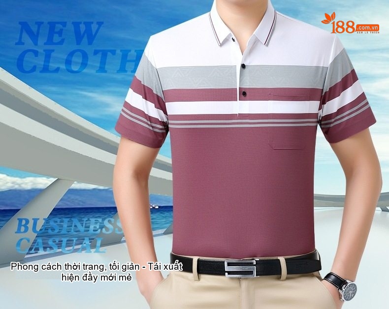 Áo Polo Nam Lụa Tơ Tằm Cao Cấp Họa Tiết Sọc Ngang Không Nhăn Màu Đỏ Tía, Xanh Dương, Nâu Vàng, Xám... chi tiết 1