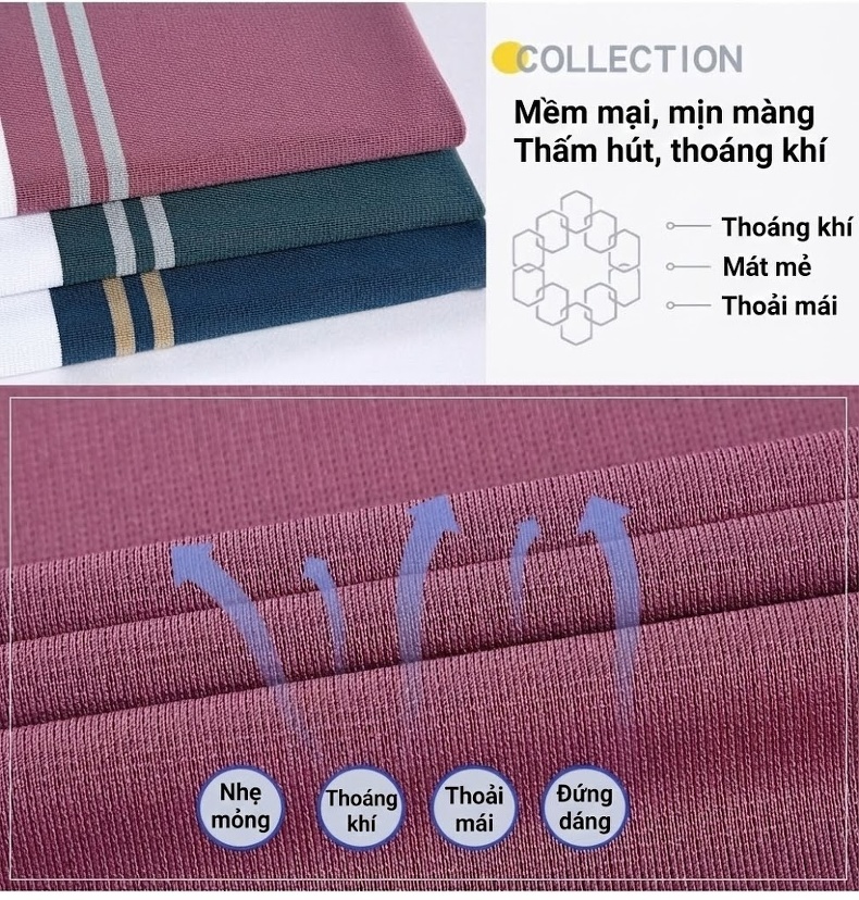 Áo Polo Nam Lụa Tơ Tằm Cao Cấp Họa Tiết Sọc Ngang Không Nhăn Màu Đỏ Tía, Xanh Dương, Nâu Vàng, Xám... chi tiết 4