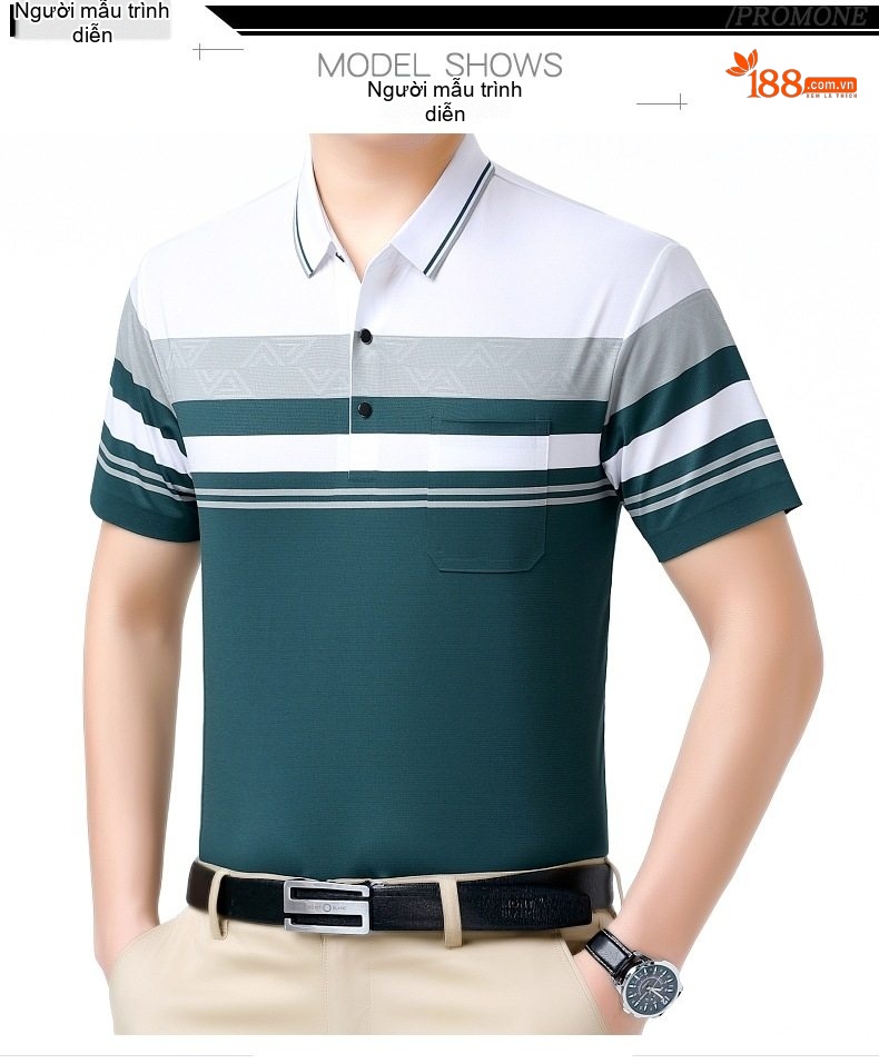 Áo Polo Nam Lụa Tơ Tằm Cao Cấp Họa Tiết Sọc Ngang Không Nhăn Màu Đỏ Tía, Xanh Dương, Nâu Vàng, Xám... chi tiết 8