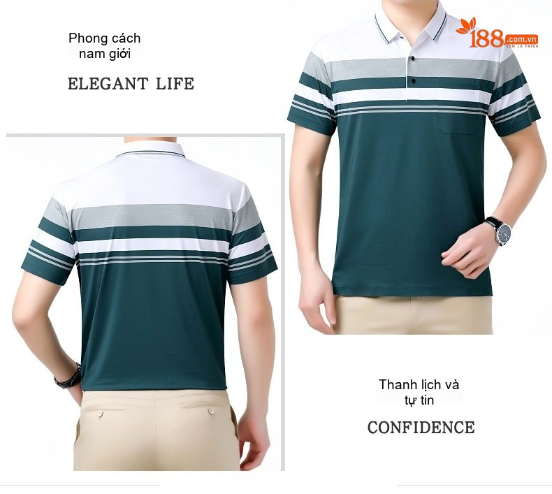 Áo Polo Nam Lụa Tơ Tằm Cao Cấp Họa Tiết Sọc Ngang Không Nhăn Màu Đỏ Tía, Xanh Dương, Nâu Vàng, Xám... chi tiết 11
