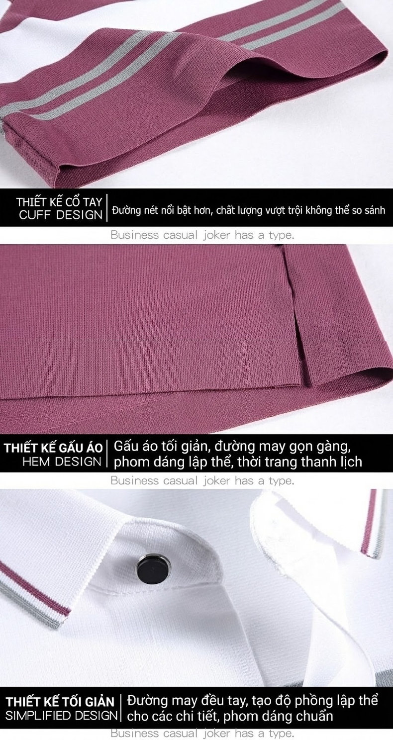 Áo Polo Nam Lụa Tơ Tằm Cao Cấp Họa Tiết Sọc Ngang Không Nhăn Màu Đỏ Tía, Xanh Dương, Nâu Vàng, Xám... chi tiết 22