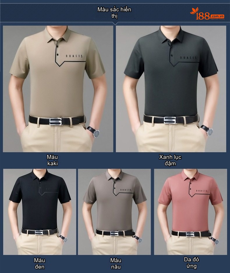Áo Polo Nam Lụa Tơ Tằm Cộc Tay Chống Nhăn Phong Cách Doanh Nhân Màu Đen, Nâu, Xám, Hồng... chi tiết 4