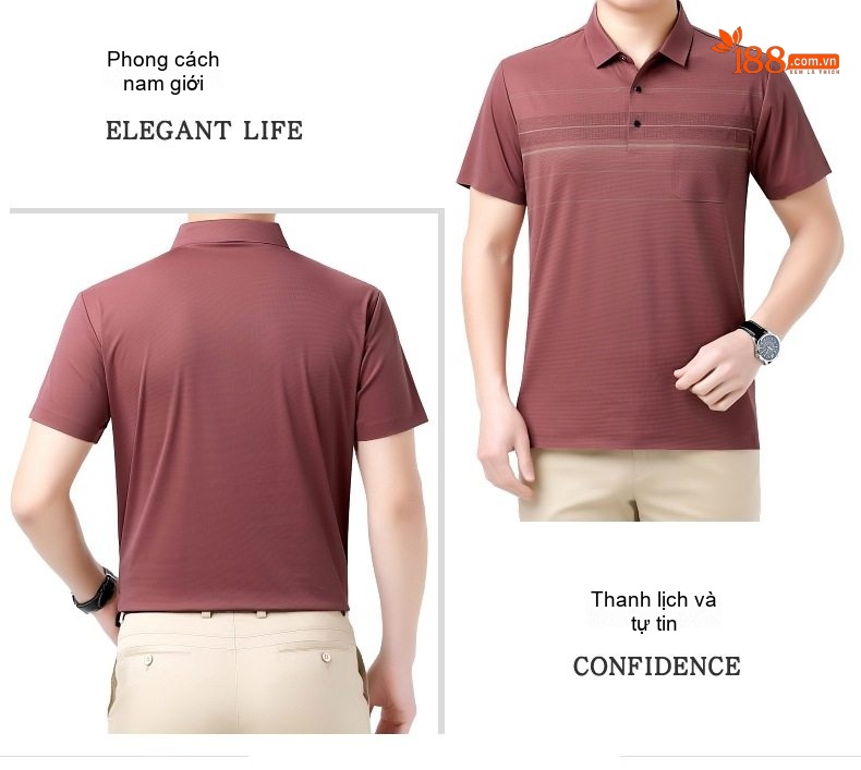 Áo Polo Nam Lụa Tơ Tằm Mát Lạnh Form Rộng Chống Nhăn Màu Đỏ Gạch, Xanh Navy chi tiết 11