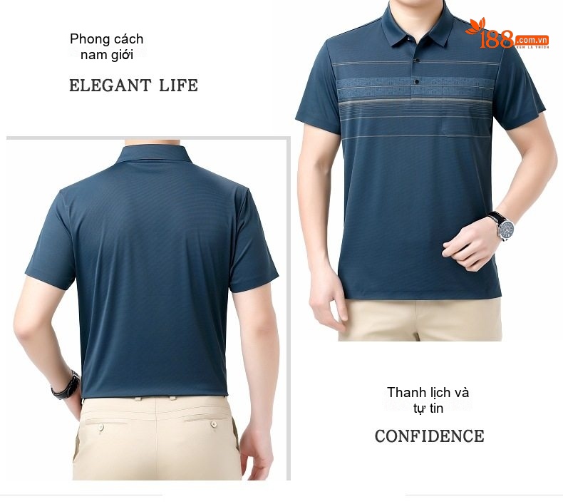 Áo Polo Nam Lụa Tơ Tằm Mát Lạnh Form Rộng Chống Nhăn Màu Đỏ Gạch, Xanh Navy chi tiết 15