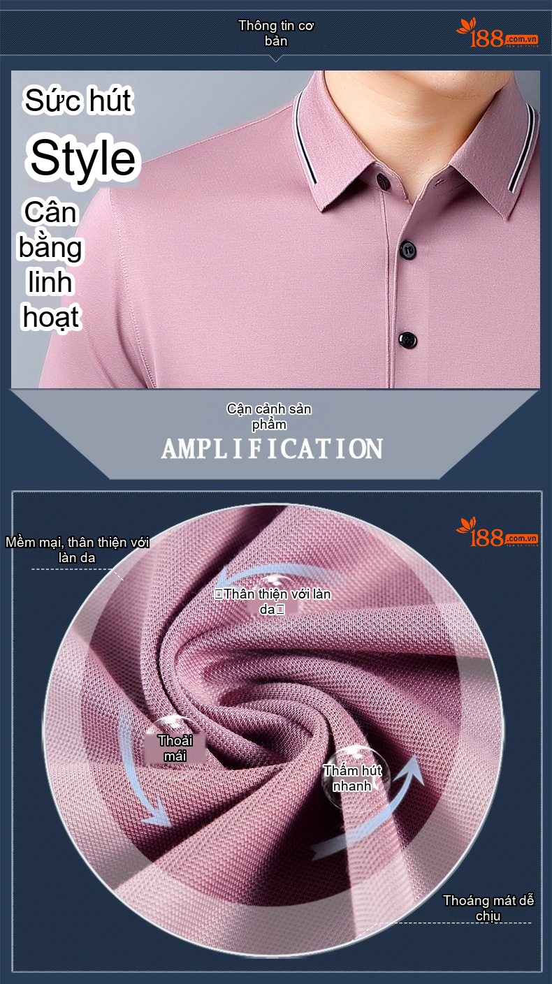 Áo Polo Nam Ngắn Tay Áo Thun Mùa Hè Chất Liệu Tơ Tằm Không Nhăn Phong Cách Doanh Nhân Màu Hồng, Xanh, Xám chi tiết 2