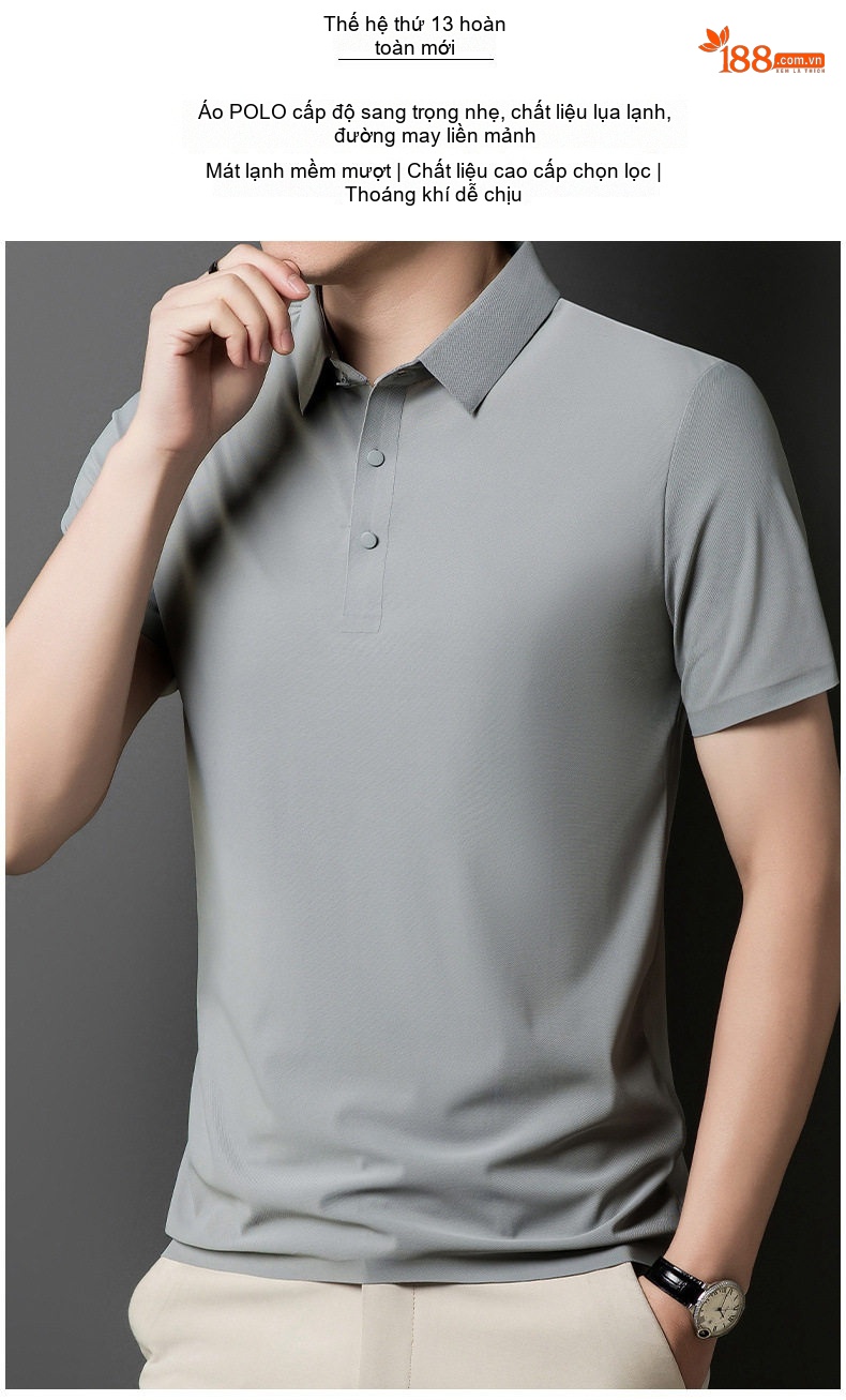 Áo Polo Nam Ngắn Tay Cotton Co Giãn Thoáng Mát Màu Trắng, Kem chi tiết 2