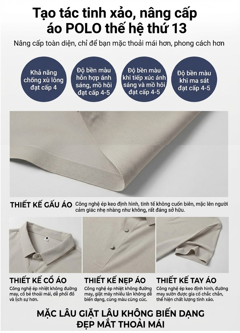 Áo Polo Nam Ngắn Tay Cotton Co Giãn Thoáng Mát Màu Trắng, Kem chi tiết 3
