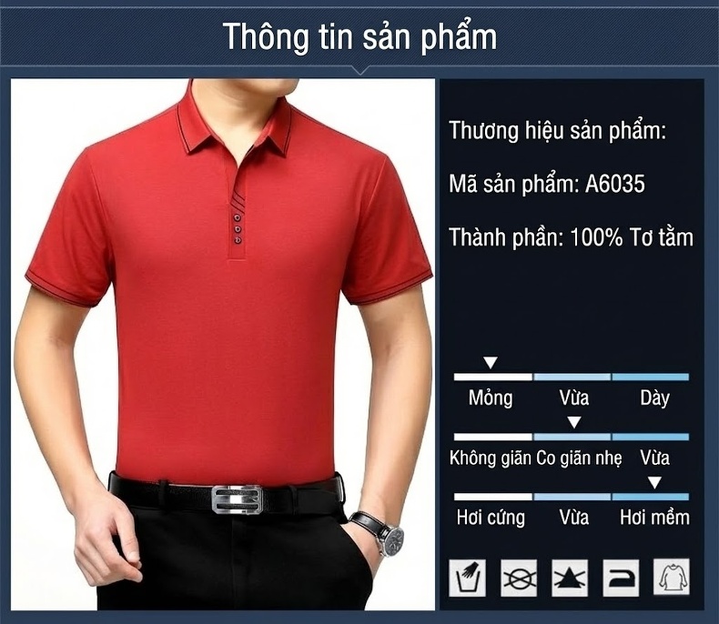 Áo Polo Nam Ngắn Tay Lụa Tằm Công Sở Trung Niên Màu Xanh, Trắng, Đỏ chi tiết 3