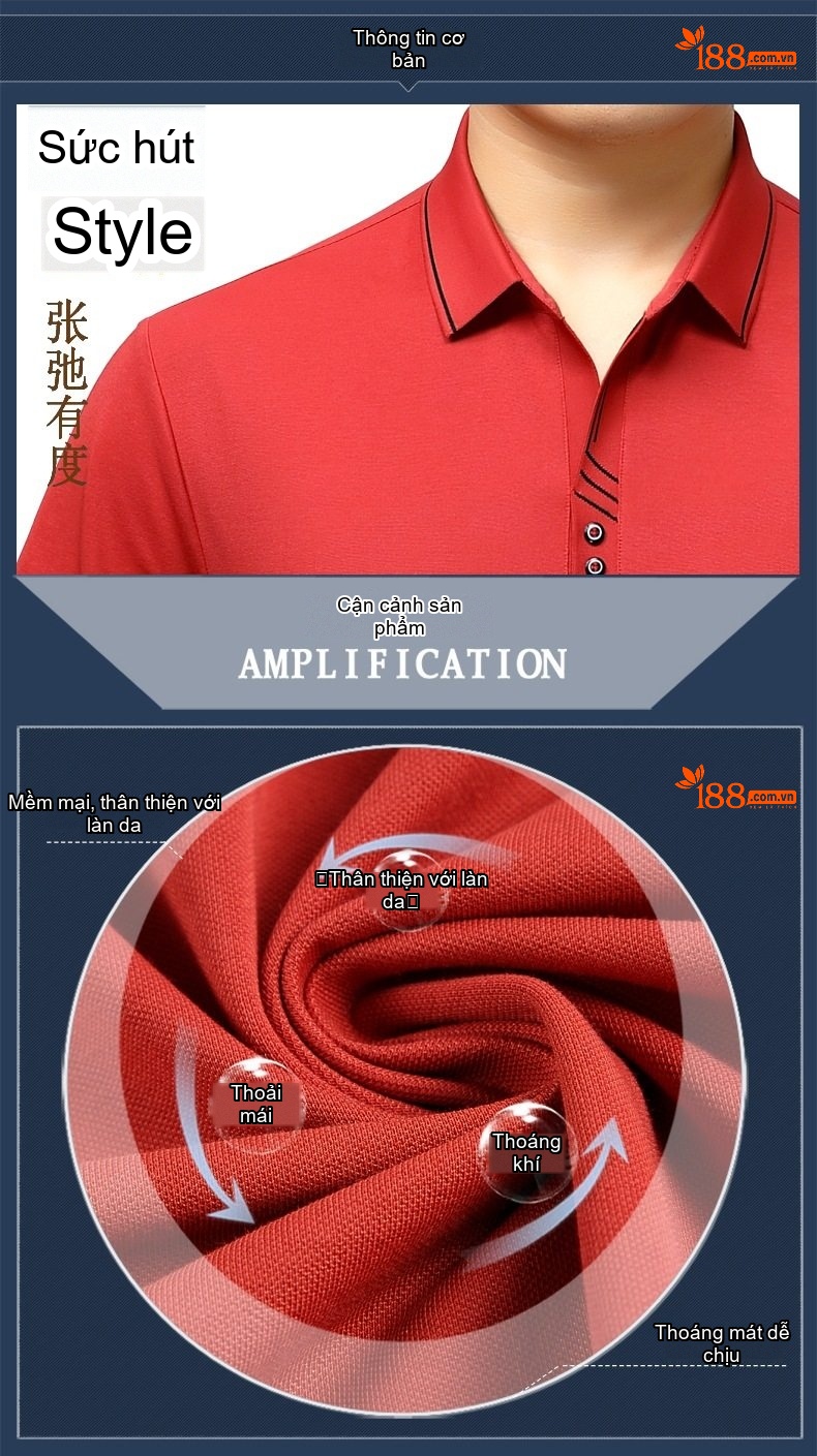 Áo Polo Nam Ngắn Tay Lụa Tằm Công Sở Trung Niên Màu Xanh, Trắng, Đỏ chi tiết 2
