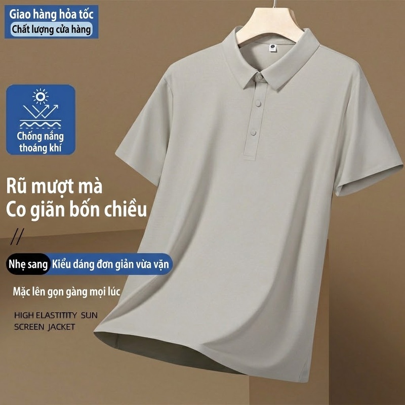 Áo Polo Nam Ngắn Tay UPF50+ Chống Nắng Thoáng Mát Màu Xám, Đen