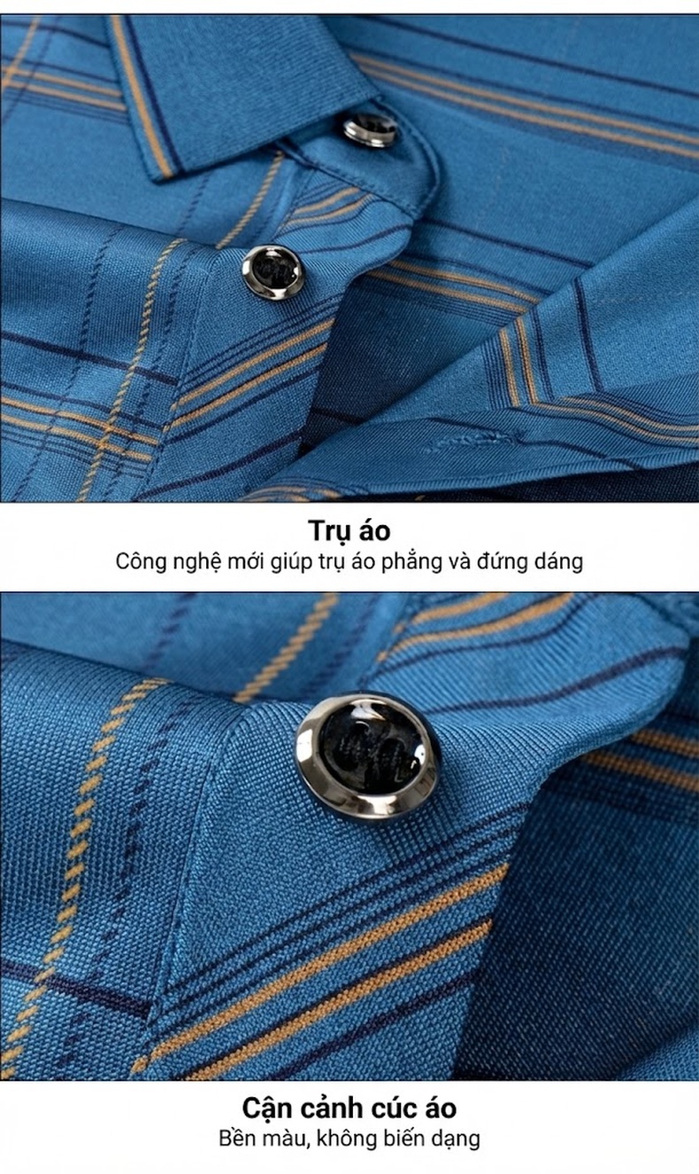 Áo Polo Nam Sọc Caro Chất Lụa Tơ Tằm Cao Cấp Không Nhăn Phong Cách Doanh Nhân Màu Xanh, Xám chi tiết 19
