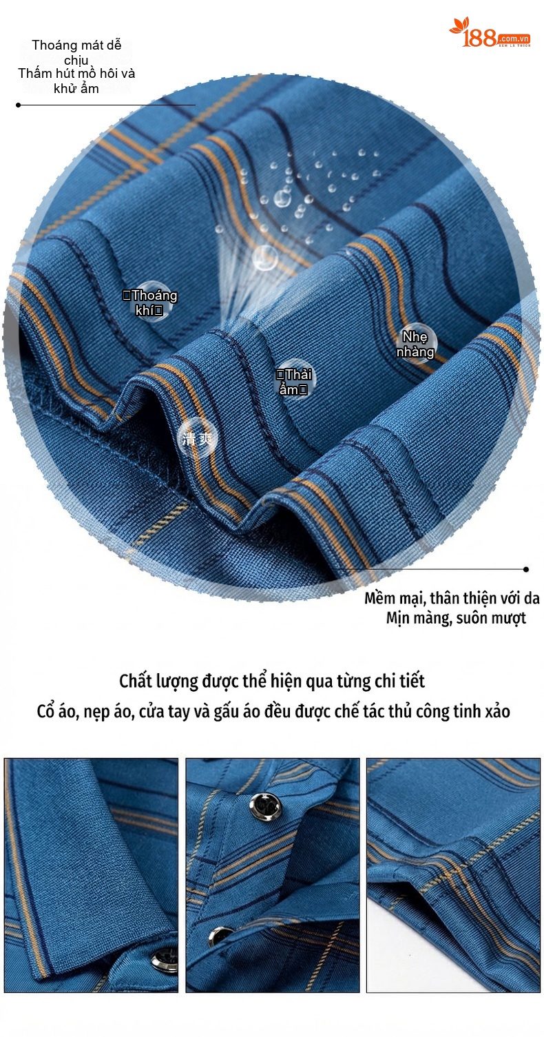 Áo Polo Nam Sọc Caro Chất Lụa Tơ Tằm Cao Cấp Không Nhăn Phong Cách Doanh Nhân Màu Xanh, Xám chi tiết 4