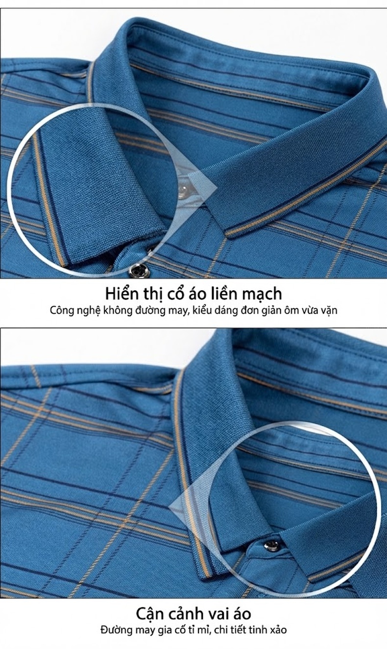 Áo Polo Nam Sọc Caro Chất Lụa Tơ Tằm Cao Cấp Không Nhăn Phong Cách Doanh Nhân Màu Xanh, Xám chi tiết 17