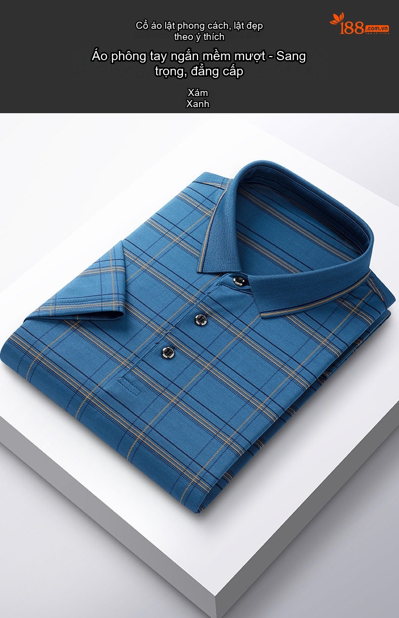 Áo Polo Nam Sọc Caro Chất Lụa Tơ Tằm Cao Cấp Không Nhăn Phong Cách Doanh Nhân Màu Xanh, Xám chi tiết 2