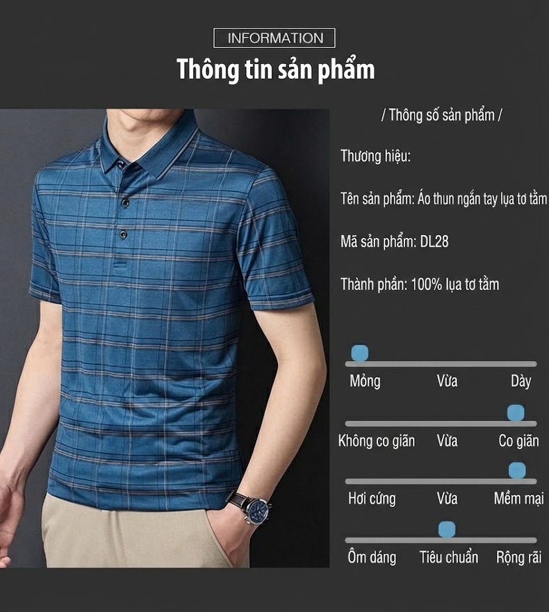 Áo Polo Nam Sọc Caro Chất Lụa Tơ Tằm Cao Cấp Không Nhăn Phong Cách Doanh Nhân Màu Xanh, Xám chi tiết 7