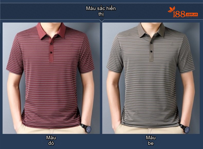 Áo Polo Nam Sọc Ngang Cao Cấp Chất Liệu Tơ Tằm Mùa Hè Thoải Mái Màu Đỏ Đô, Xám chi tiết 4