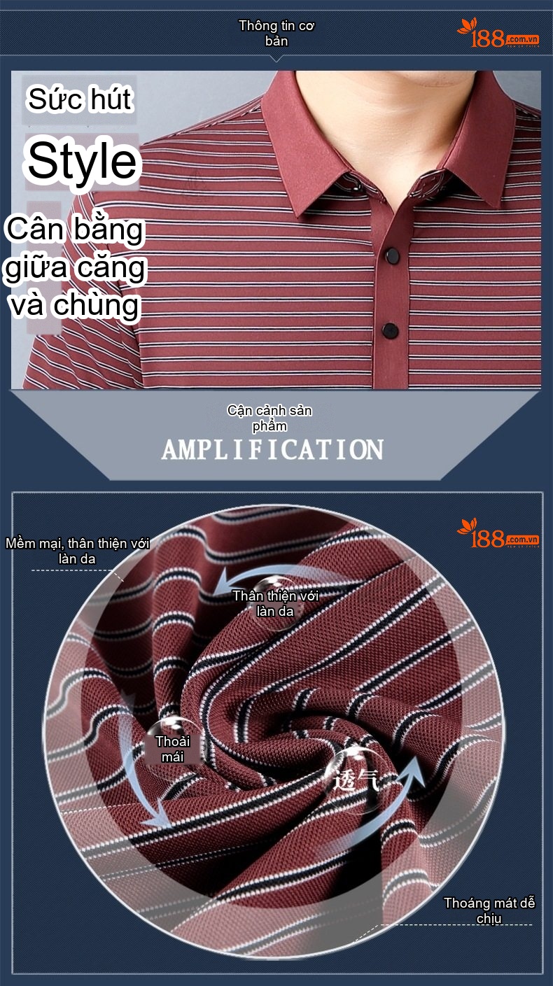 Áo Polo Nam Sọc Ngang Cao Cấp Chất Liệu Tơ Tằm Mùa Hè Thoải Mái Màu Đỏ Đô, Xám chi tiết 2