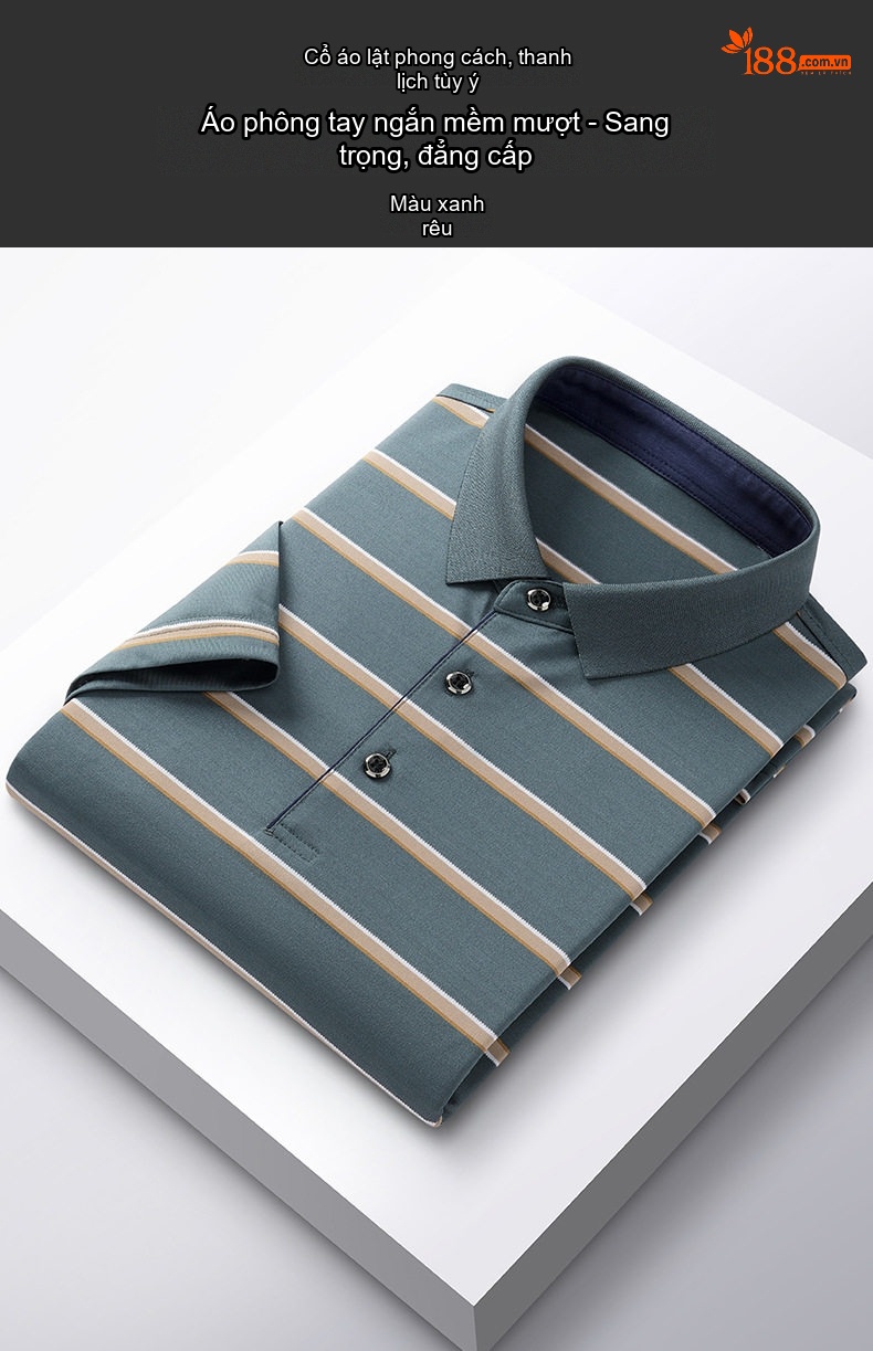 Áo Polo Nam Sọc Ngang Chất Liệu Tơ Tằm Mềm Mại Thoáng Mát Màu Xanh, Navy chi tiết 2