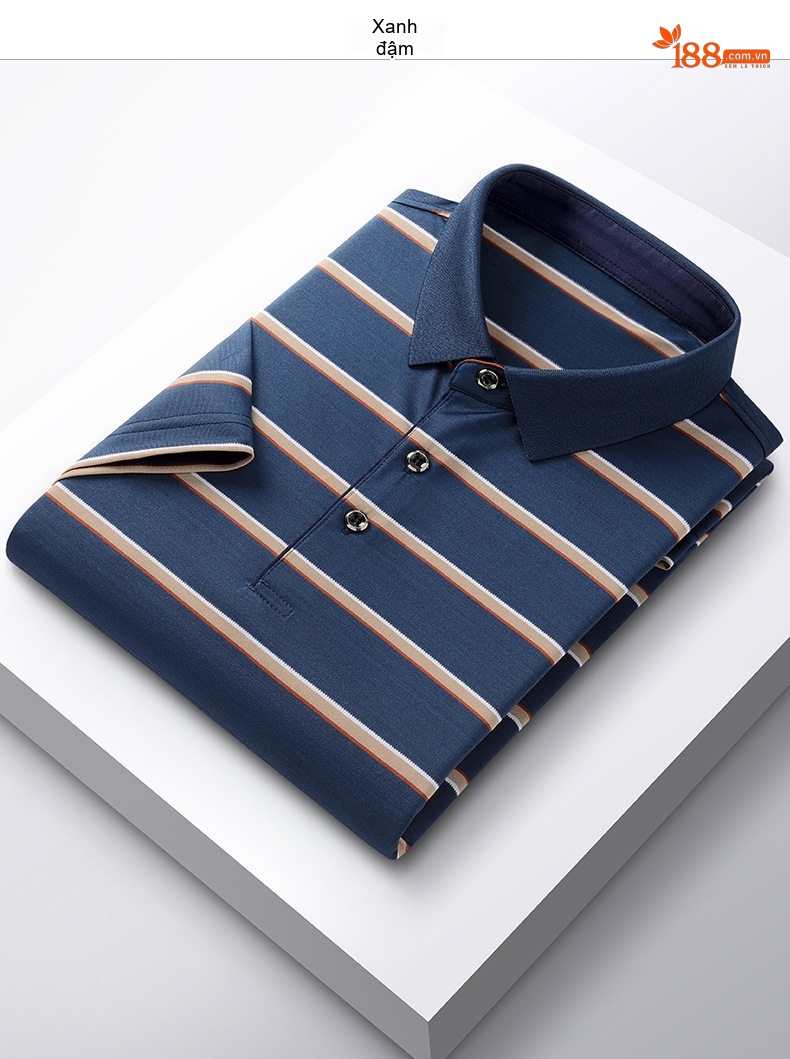 Áo Polo Nam Sọc Ngang Chất Liệu Tơ Tằm Mềm Mại Thoáng Mát Màu Xanh, Navy chi tiết 3