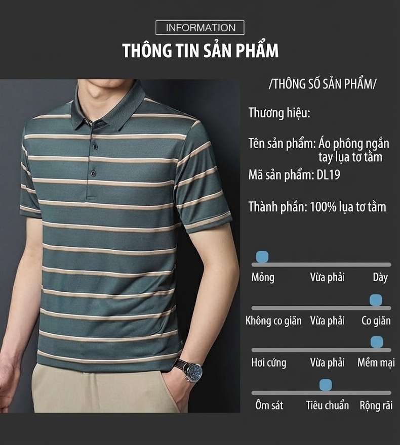 Áo Polo Nam Sọc Ngang Chất Liệu Tơ Tằm Mềm Mại Thoáng Mát Màu Xanh, Navy chi tiết 6