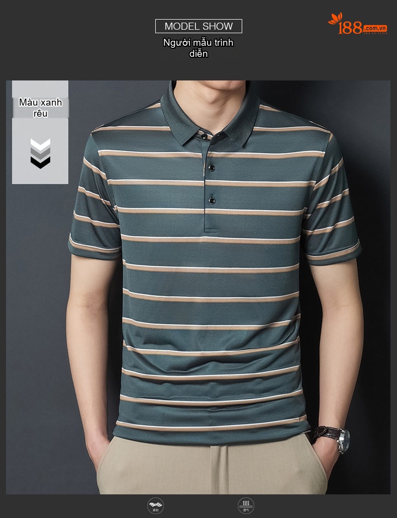 Áo Polo Nam Sọc Ngang Chất Liệu Tơ Tằm Mềm Mại Thoáng Mát Màu Xanh, Navy chi tiết 9