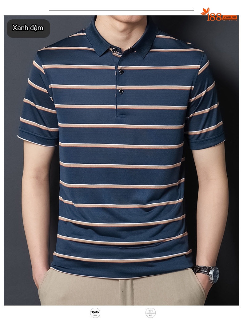 Áo Polo Nam Sọc Ngang Chất Liệu Tơ Tằm Mềm Mại Thoáng Mát Màu Xanh, Navy chi tiết 12