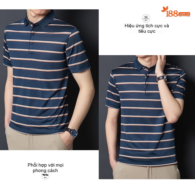 Áo Polo Nam Sọc Ngang Chất Liệu Tơ Tằm Mềm Mại Thoáng Mát Màu Xanh, Navy chi tiết 14