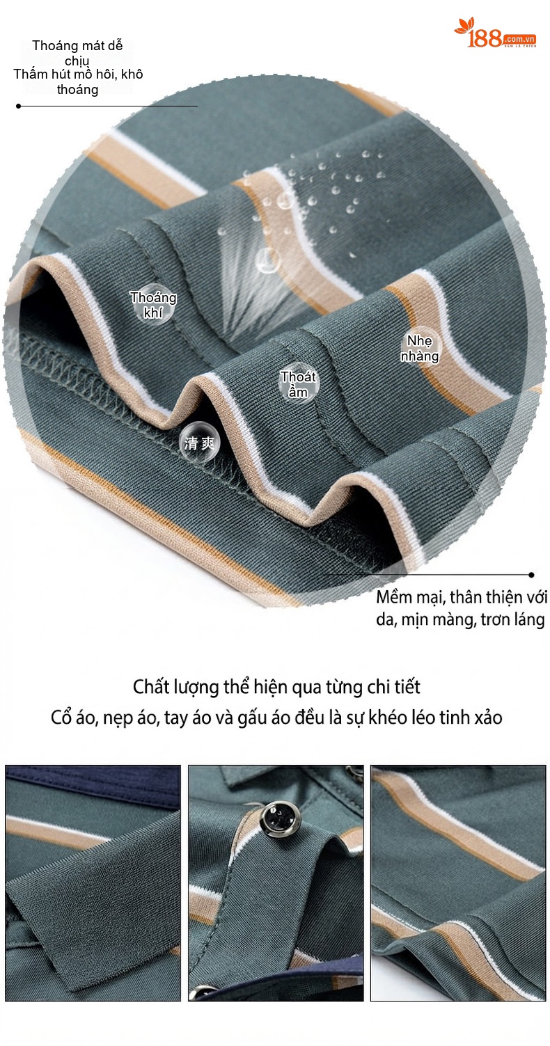 Áo Polo Nam Sọc Ngang Chất Liệu Tơ Tằm Mềm Mại Thoáng Mát Màu Xanh, Navy chi tiết 4